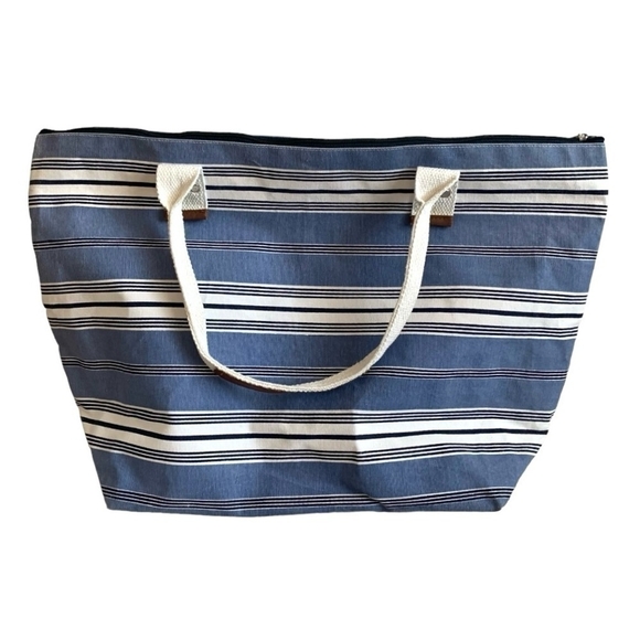 Shopping BAG Blue White Striped Tote Bag Canvas Shopper Travel Bag Beach Bag - Picture 3 of 7